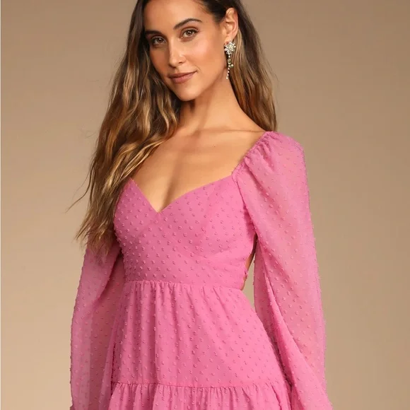 Lulus Longing And Love Pink Swiss Dot Dress Medium - Picture 9 of 9